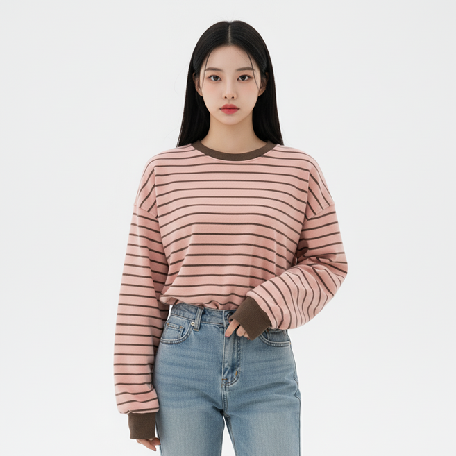 마켓피아 여성용 캐주얼 루즈핏 스트라이프 긴팔 티셔츠