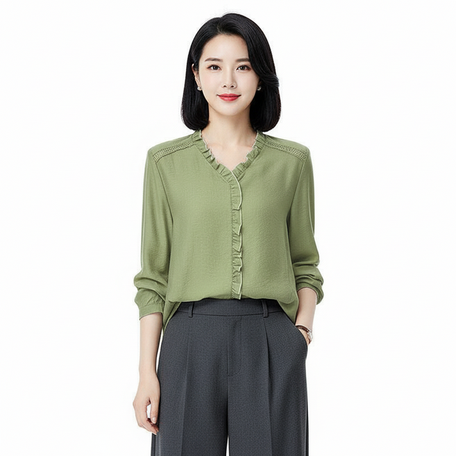 marketpia 女款媽媽裝荷葉邊V領長袖上衣