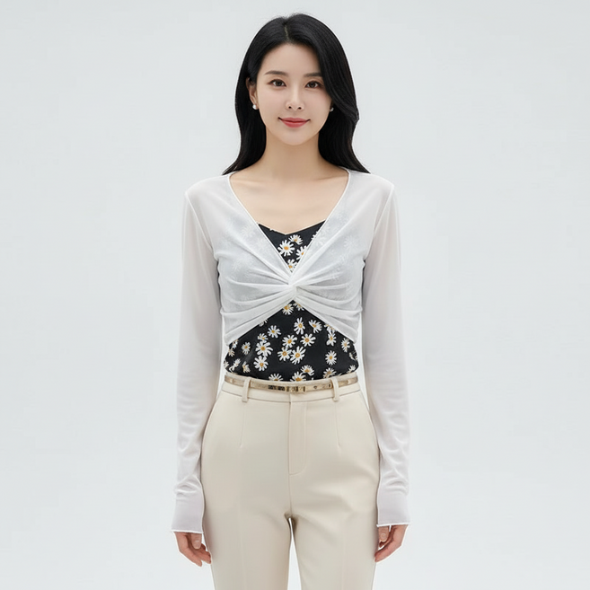 마켓피아 여성용 엄마 시스루 트위스트 볼레로 가디건