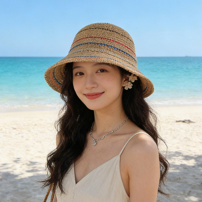 디멜디 여성용 레인보우 줄무늬 해변 버킷햇 라피아모자