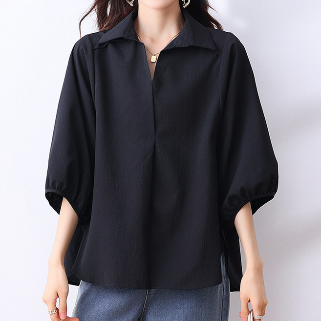 라라티나 여성용 시언 카라넥 루즈핏 퍼프 7부 블라우스