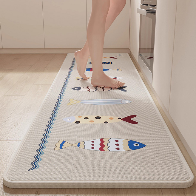 다퍼남 흡수형 린넨 주방 바닥 매트, 물고기 베이지, 1개