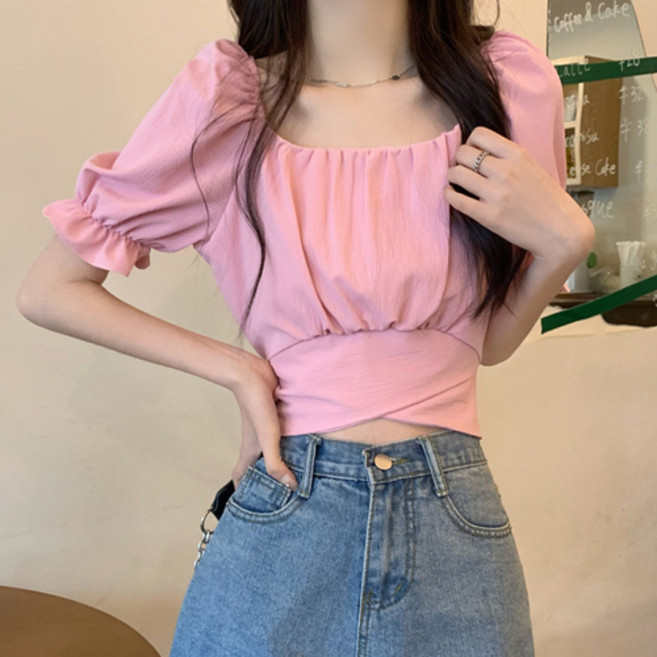 Theflow commerce 女款後綁帶抓皺泡泡袖短袖T恤