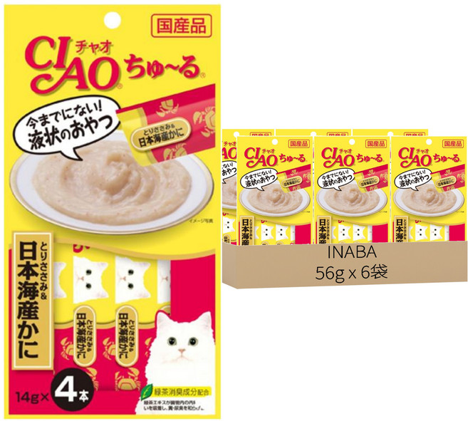 INABA CIAO 啾嚕 肉泥, 雞肉 + 日本蟹, 56g, 6袋
