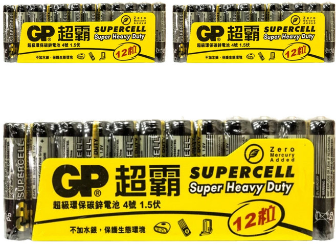 GP Batteries 超霸 超級碳鋅電池 4號 黑色, 3組, 12顆