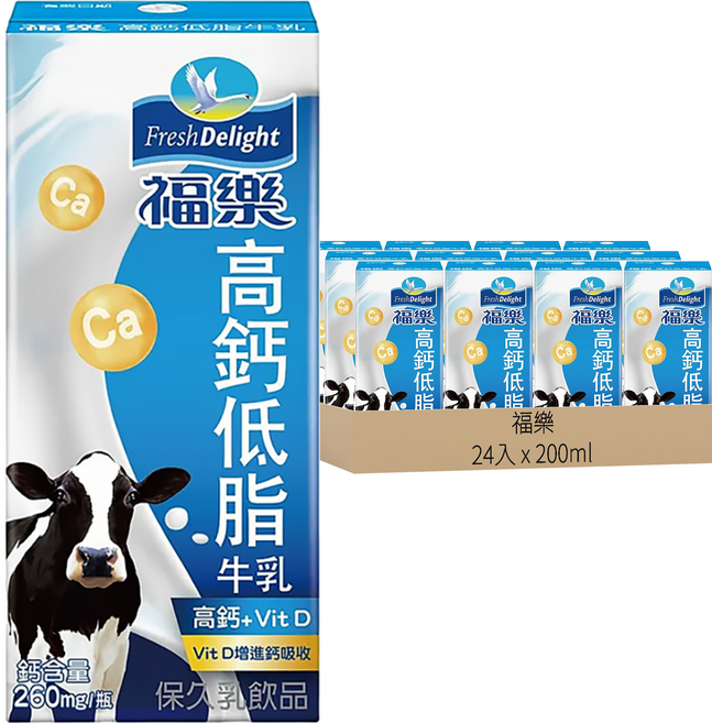 福樂 高鈣低脂牛乳, 200ml, 24入