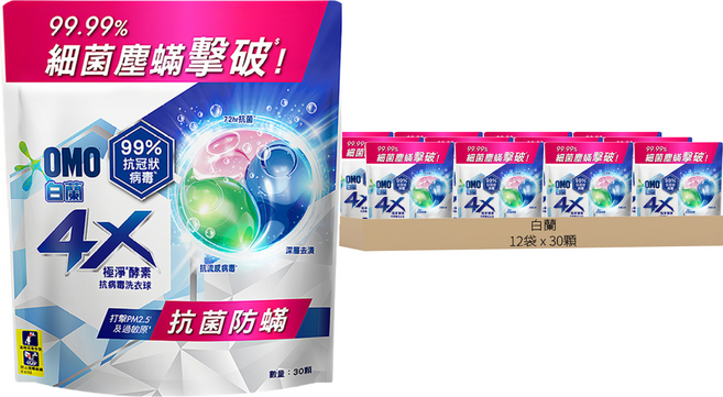 白蘭 4X極淨酵素抗病毒洗衣球 抗菌防螨 補充包, 30顆, 12袋