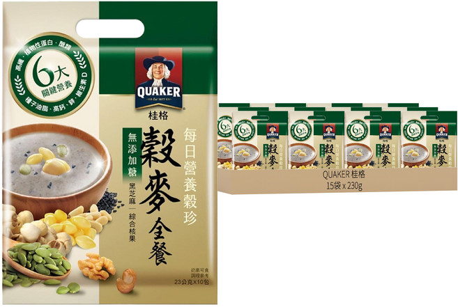 QUAKER 桂格 每日營養穀珍穀麥全餐 無添加糖 10包, 230g, 15袋
