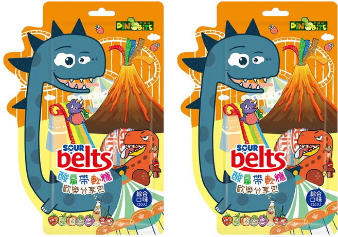 DiNOBiTE 恐龍咬酸扁帶軟糖分享包 綜合口味 20條, 180g, 2袋