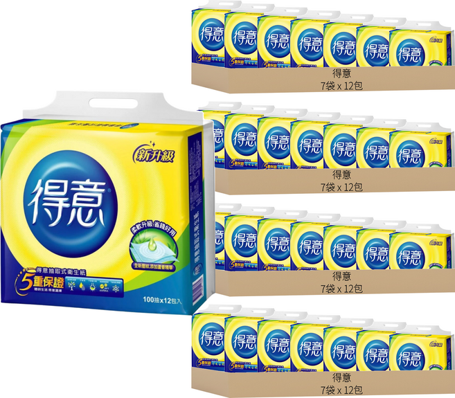 得意 連續抽取式花紋衛生紙 100張 - 柔軟舒適 原生紙漿 大容量, 12包, 28袋