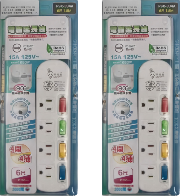 spirit 電精靈 MAX 1650W 125V 15A 4開4插 3P 扁平插頭 電腦延長線 PSK-334A, 1.8m, 綠色, 2條