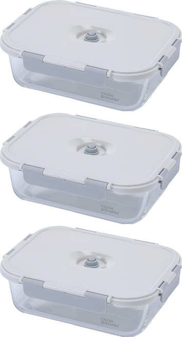 cook power 鍋寶 鎖氧系列 抽真空玻璃保鮮盒 不含真空棒 1450ml, 容器 + 蓋子, 3組