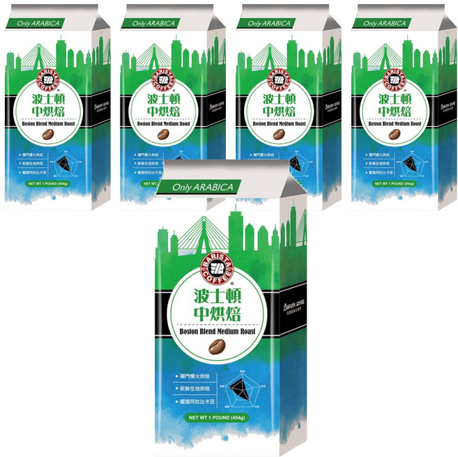 BARISTA COFFEE 西雅圖 波士頓中烘焙綜合咖啡豆, 咖啡豆(無研磨), 454g, 5包