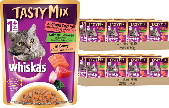 whiskas 偉嘉 什錦珍味系列 貓主食餐包, 海鮮總匯 + 海藻湯汁, 70g, 56包