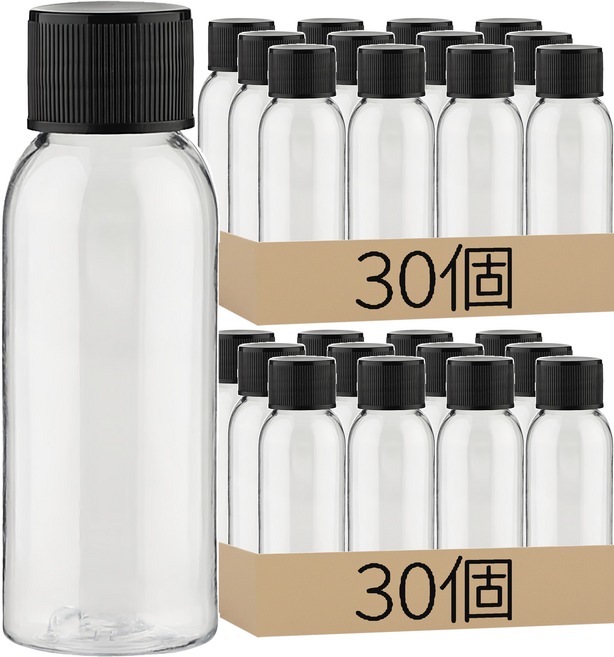 透明塑膠分裝瓶 附黑色螺旋蓋 30ml, 60個, 透明+黑色