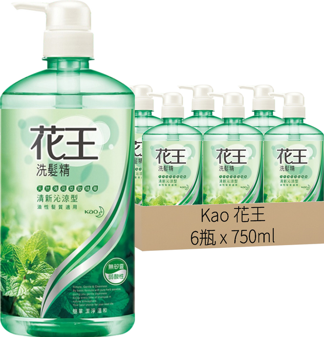 Kao 花王 洗髮精 清新沁涼型 溫和洗淨 柔順不打結 清爽不黏膩 油性髮質適用, 750ml, 6瓶