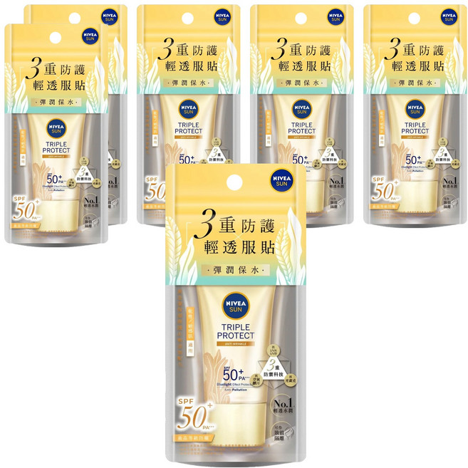 NIVEA 妮維雅 SUN 三重防護輕透防曬凝乳 彈潤保水 黃金海藻, 40ml, 6條