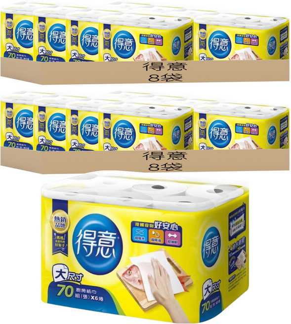 得意 廚房紙巾 70張, 6捲, 16袋