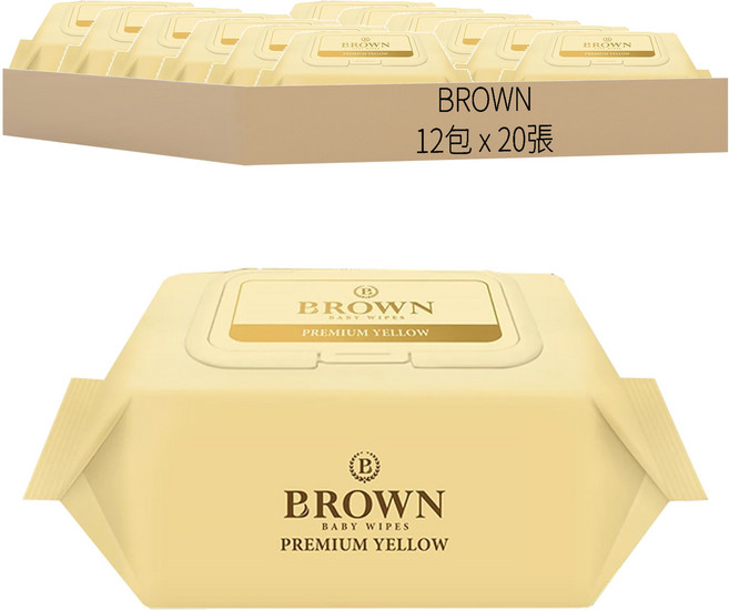 BROWN Premium 低刺激壓紋濕紙巾 掀蓋式, 20張, 12包
