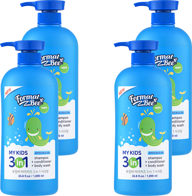 Formal Bee Kids 3合1 嬰幼兒洗潤髮沐浴乳 蘋果香, 1L, 4瓶