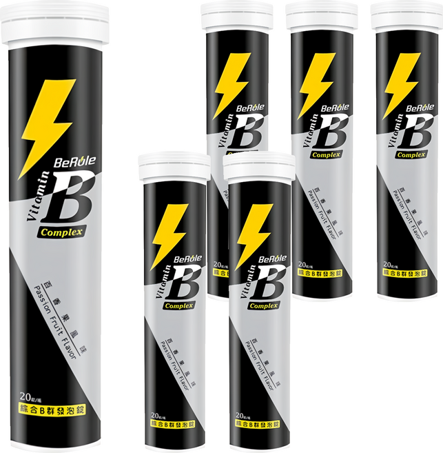 BeRule 綜合維生素B群發泡錠 維生素B群維持能量正常代謝 牛磺酸迅速補充能量 方便攜帶 百香果口味, 20錠, 4g, 6瓶