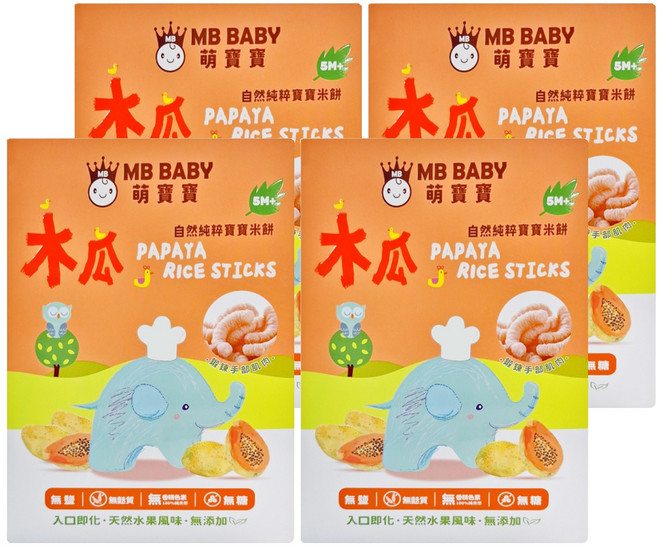 萌寶寶 MB BABY 自然純粹寶寶米餅 無鹽無麩質無糖, 木瓜, 20g, 4盒