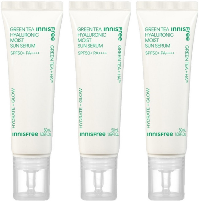 INNISFREE 台灣公司貨 綠茶玻尿酸保濕防曬精華 SPF50+ PA++++, 50ml, 3條