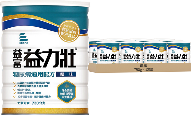益富 益力壯 糖尿病配方 營養均衡配方奶粉 原味, 750g, 12罐