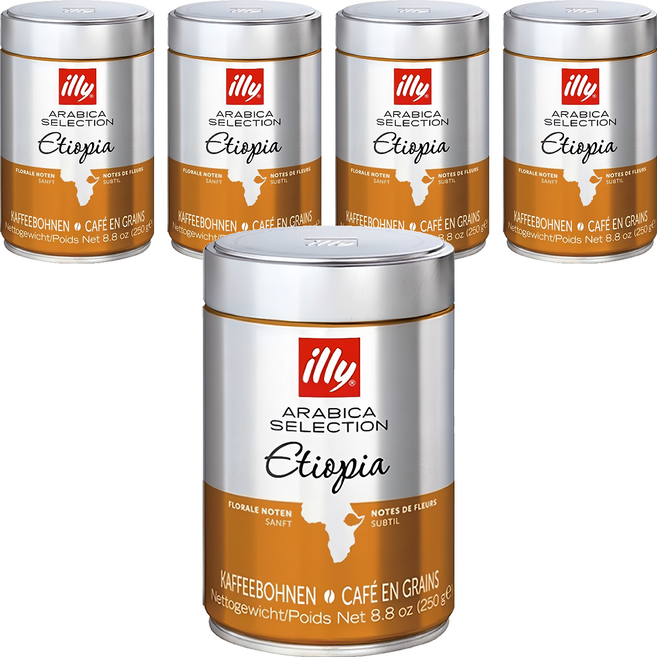 Illy 意利咖啡 衣索比亞 Ethiopia 單品咖啡豆 全豆 無研磨 義大利原裝進口 專利氮氣加壓包裝技術鎖著香氣 100%阿拉比卡咖啡豆, 250g, 5罐