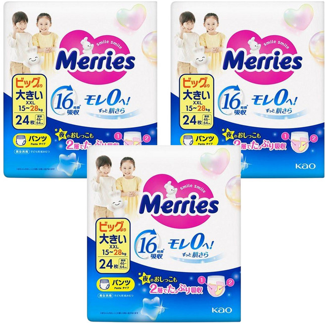 Merries 妙而舒 日本境內版 金緻柔點透氣褲型尿布 15~28kg, XXL, 72片