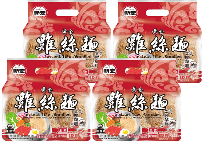 新宏 黃金雞絲麵 台式當歸藥膳風味 全素 5入, 335g, 4袋
