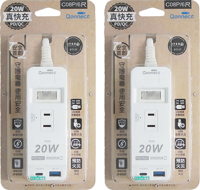 Qonnect 高溫斷電 PD+QC20W延長線 1開3插2P, 1.8m, 白色, 2條