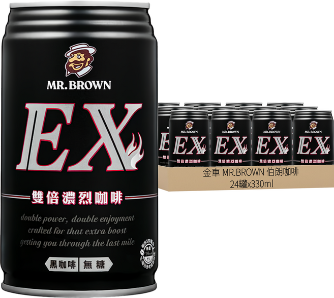 金車 MR.BROWN 伯朗咖啡 EX雙倍無糖黑咖啡, 24罐, 330ml