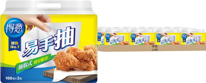 得意 抽取式廚房紙巾 易手抽, 3包, 16袋