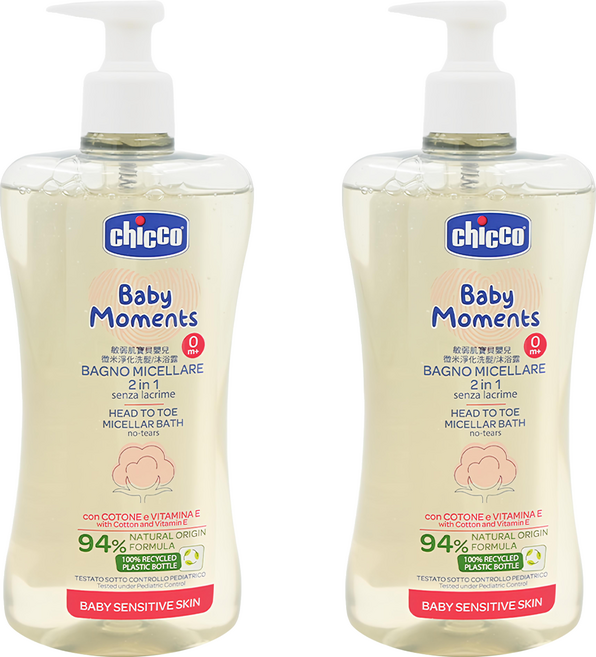 Chicco 敏弱肌寶貝嬰兒微米淨化洗髮沐浴露 94%自然成分來源 低敏植萃 從頭洗到腳, 500ml, 2瓶