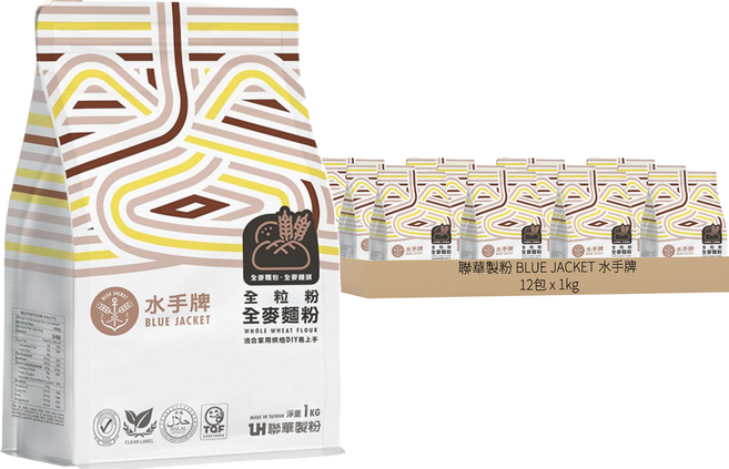 聯華製粉 BLUE JACKET 水手牌 全粒粉全麥麵粉, 1kg, 12包