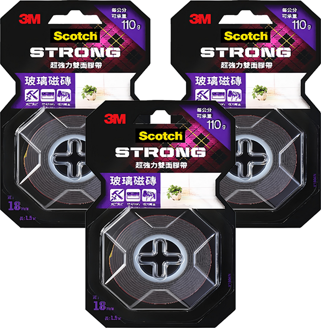 3M Scotch 超強力雙面膠帶 玻璃磁磚面 V1804N 18mm x 1.5m, 紅色, 3捲