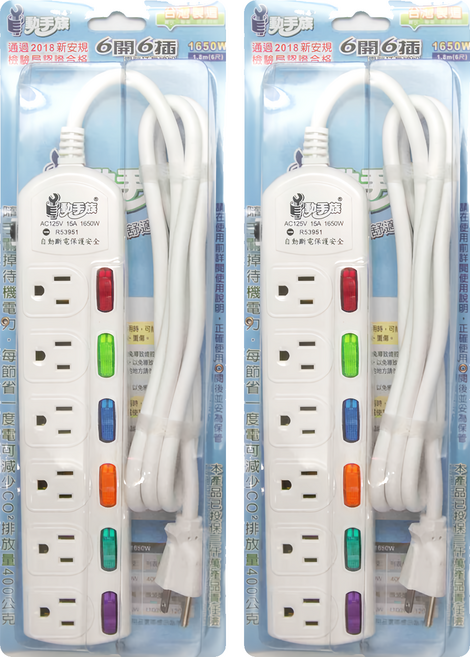 動手族 電腦延長線 6開6插3p 15A, 1.8m, 白色, 2個
