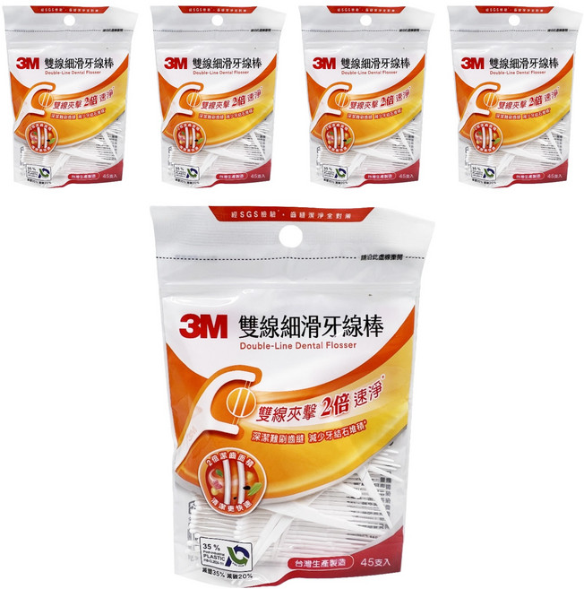 3M 雙線細滑牙線棒, 16mm, 45支, 5包