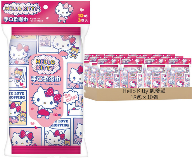 Hello Kitty 凱蒂貓 手口柔濕巾隨手包 200 x 150mm 10抽, 1入, 18包