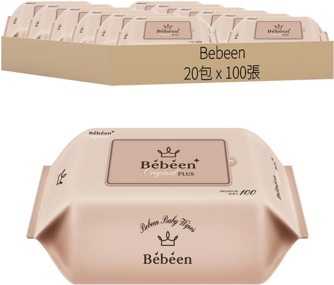 Bebeen Original Plus 嬰兒用溼紙巾 補充包, 100張, 20包