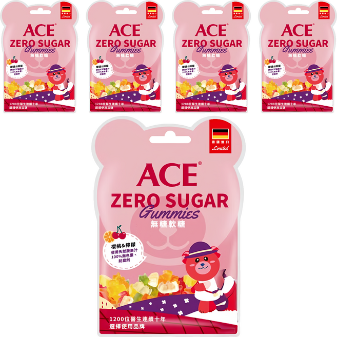 ACE ZERO SUGAR Q 軟糖 櫻桃 + 檸檬, 40g, 5袋