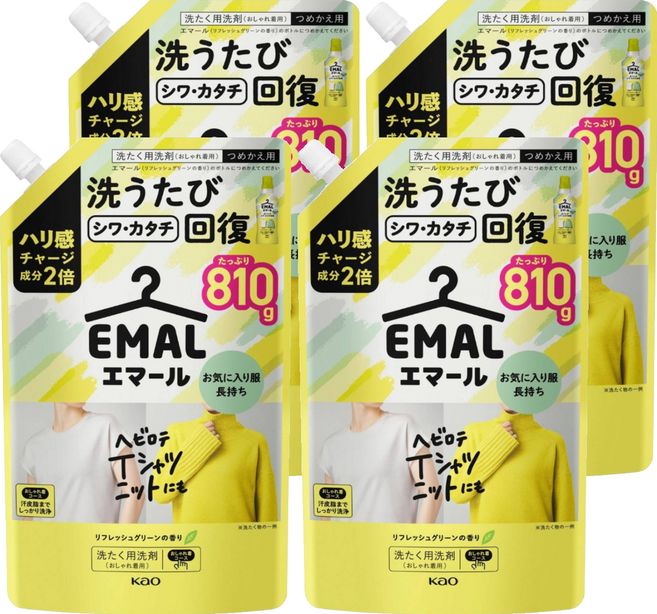 Kao 花王 EMAL 精致洗 護色防縮洗衣精補充包 清新綠香, 810ml, 1入, 4包