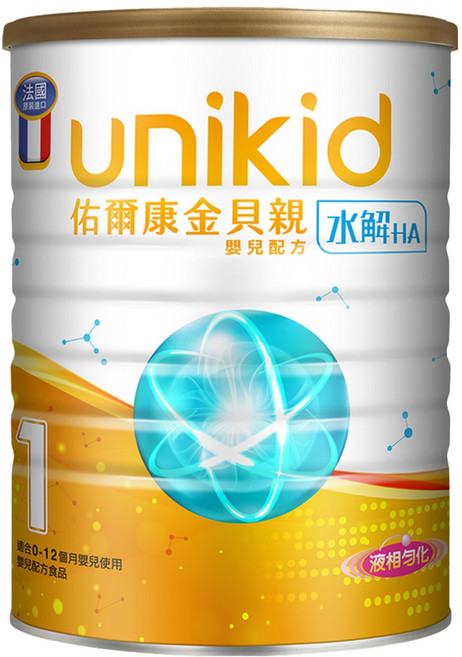 unikid 佑爾康 金貝親水解嬰兒配方 1號, 850g, 1罐