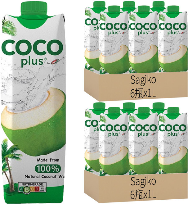 Sagiko Cocoplus 100%純椰子水, 1L, 12瓶