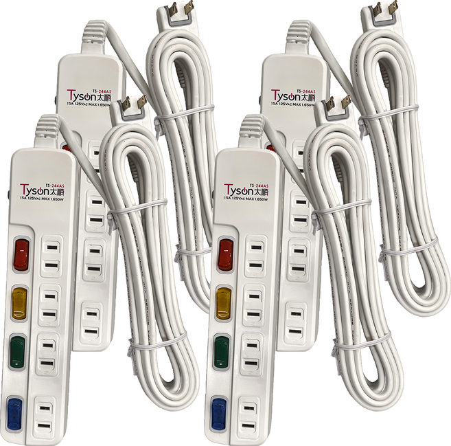 Tyson 太順電業 4開4插防雷擊延長線 2孔 TS-244AS, 4.5m, 白色, 4條