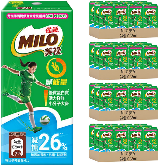 MILO 美祿 雀巢美祿巧克力飲品減糖配方, 198ml, 96入