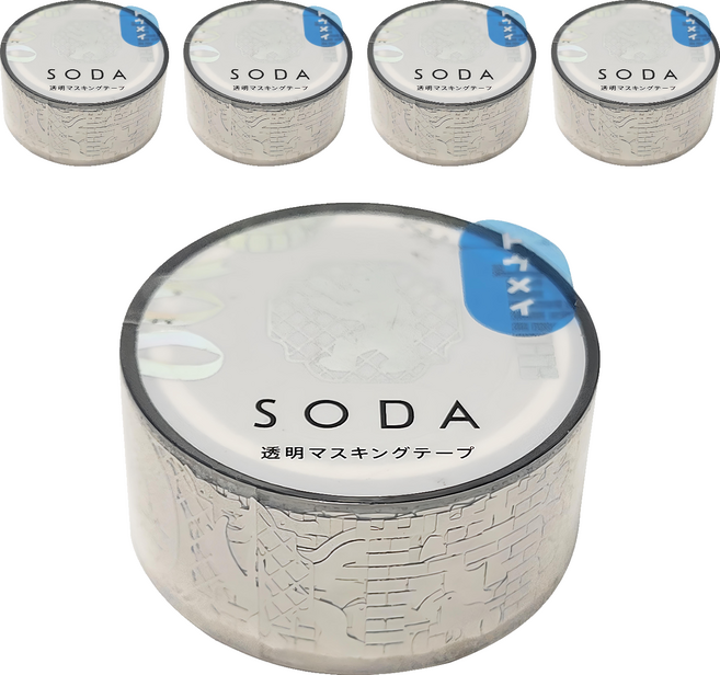 KING JIM HITOTOKI SODA 透明PET卷狀膠帶 箔押款 20mm寬 4M長, 徽章, 5捲