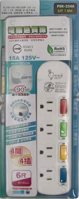spirit 電精靈 MAX 1650W 125V 15A 4開4插 3P 扁平插頭 電腦延長線 PSK-334A, 1.8m, 綠色, 1條