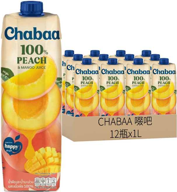CHABAA 啜吧 100%蜜桃佐芒果汁, 1L, 12瓶